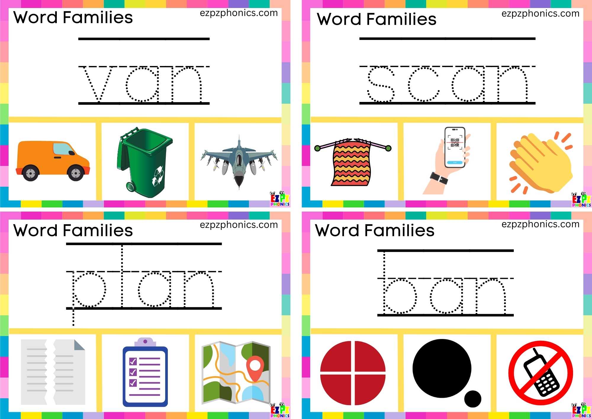 Word Family an write the word and clip the correct image Clip Cards Includes the words; van, scan, plan, and ban